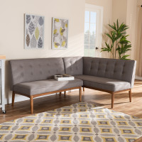 Baxton Studio BBT8051-Grey-2PC SF Bench Arvid Mid-Century Modern Gray Fabric Upholstered 2-Piece Wood Dining Nook Banquette Set